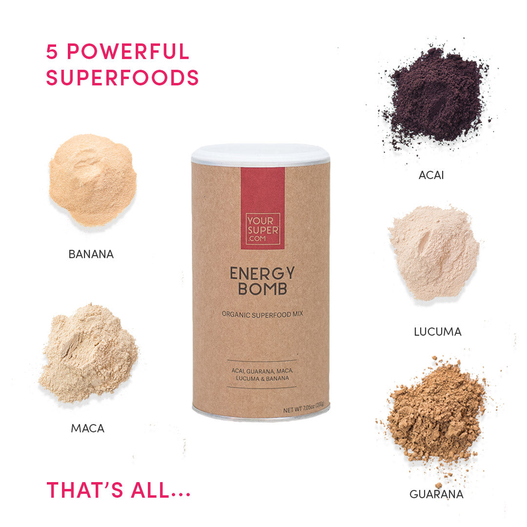 your superfoods energy bomb 200g organic ingredients including, acai, guarana, maca, lucuma and banana