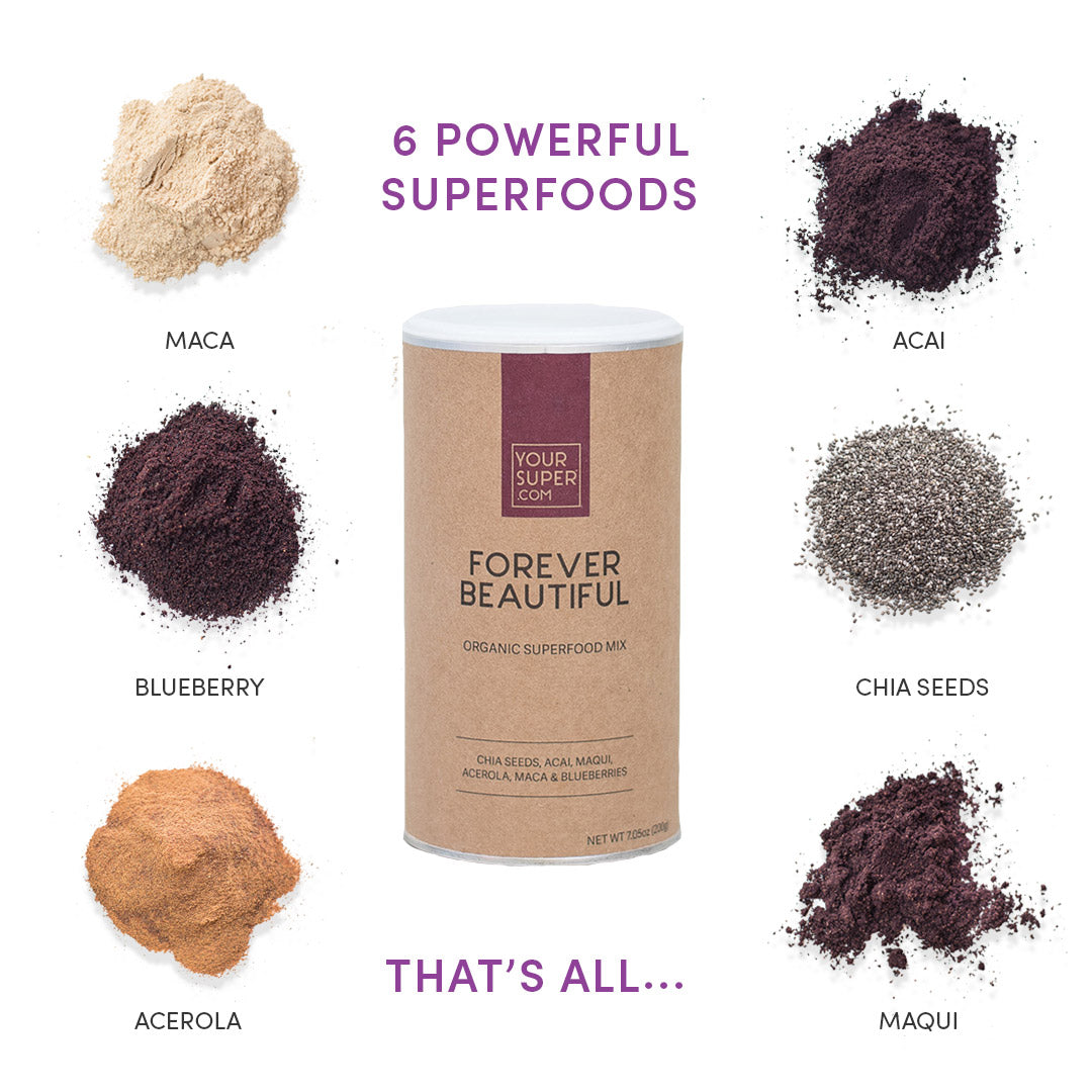 ingredients of your superfoods forever beautiful including, maca, acai, blueberry, chia seeds, acerola, maqui