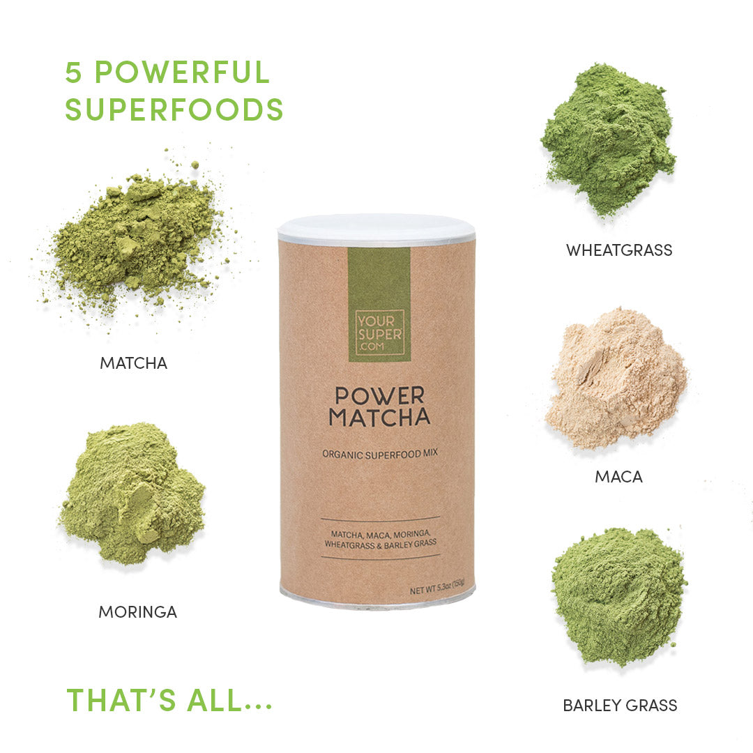 your superfoods power matcha ingredients including matcha, wheatgrass, maca, moringa and barley grass