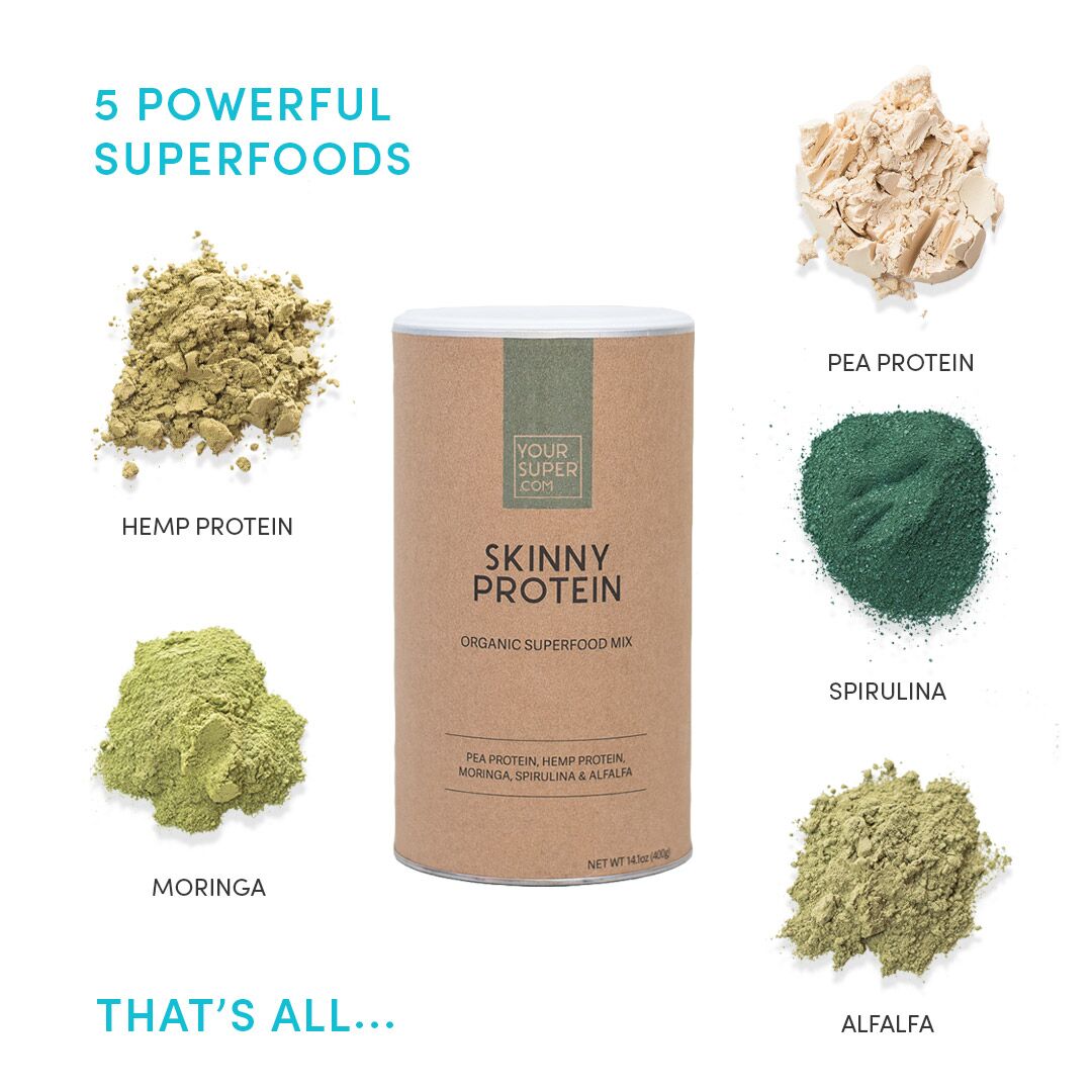 Your Superfoods skinny protein organic ingredients with moringa, spirulina, alfalfa, pea protein and hemp protein