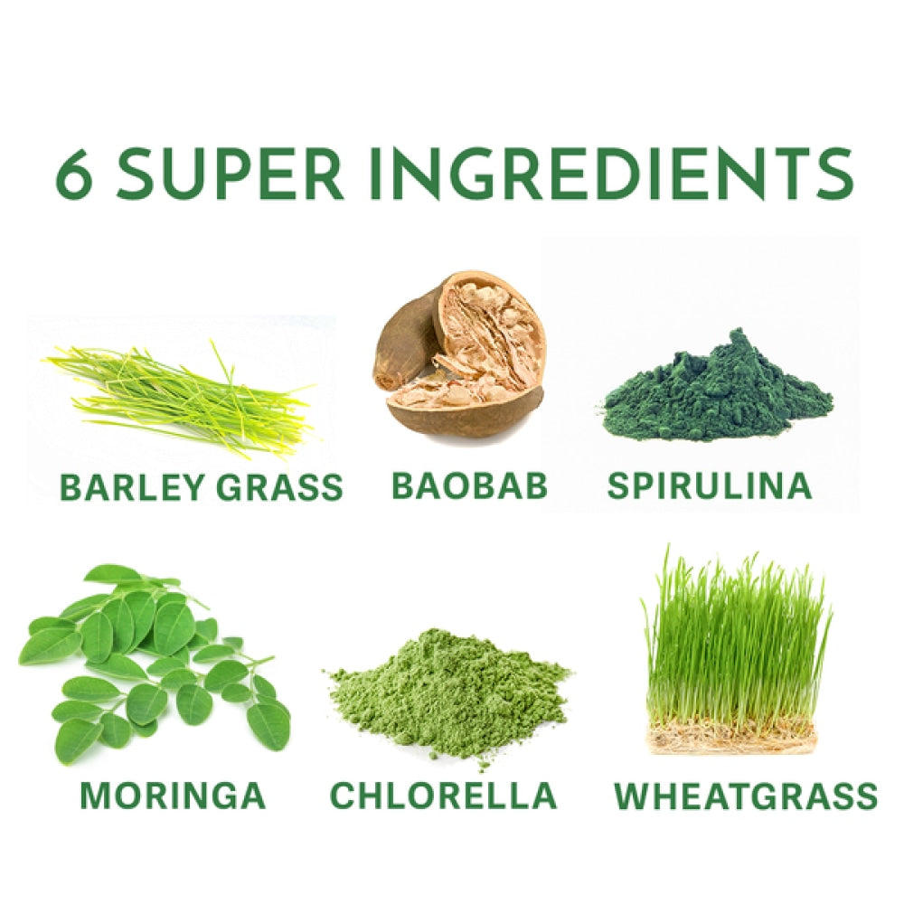 your superfoods super green organic and ethical ingredients, barley grass, baobab, spirulina, moringa, chlorella and wheatgrass